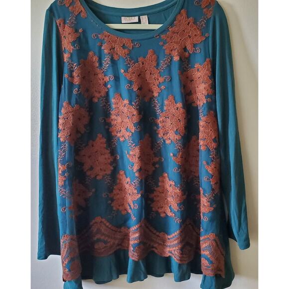 Logo Lavish by Lori Goldstein L Teal Green Tunic Brown Floral Embroidery Lace - Picture 1 of 12